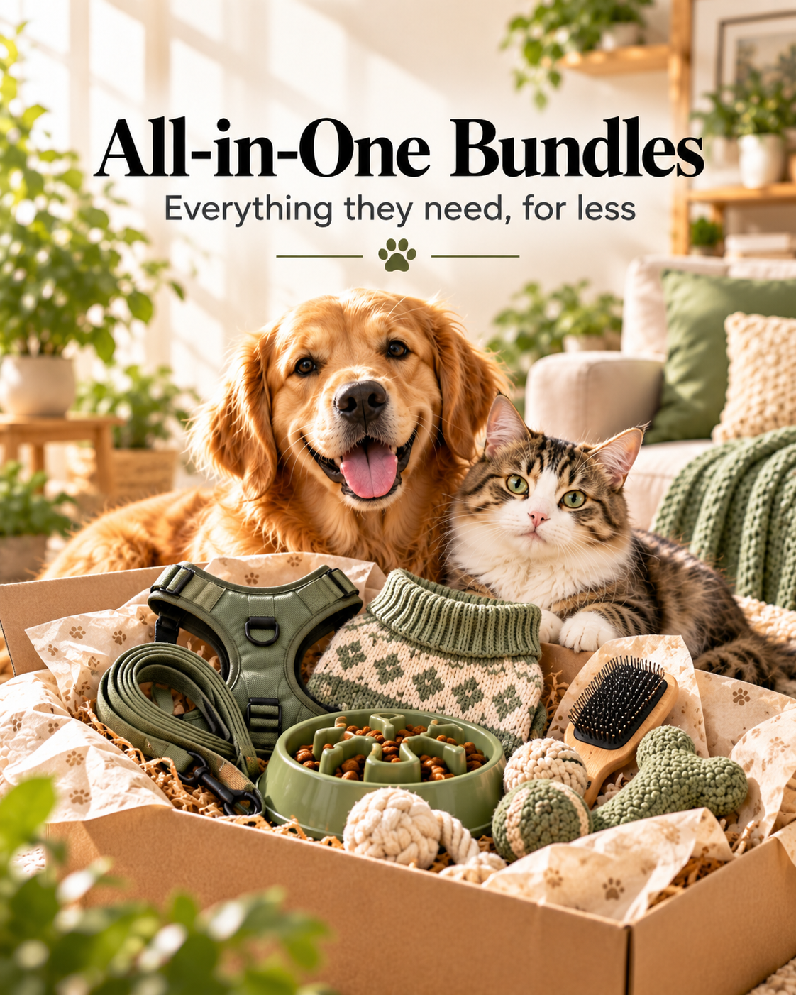 All-in-One Bundles – dog and cat with a box of pet essentials