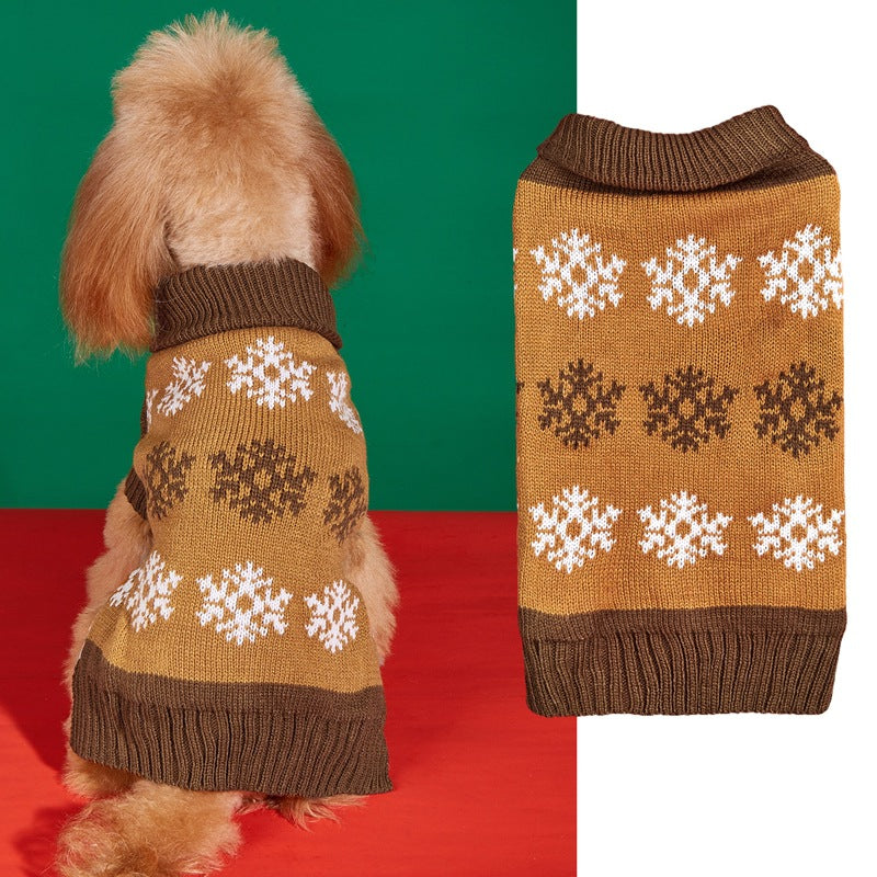 Dog wearing the caramel brown snowflake sweater