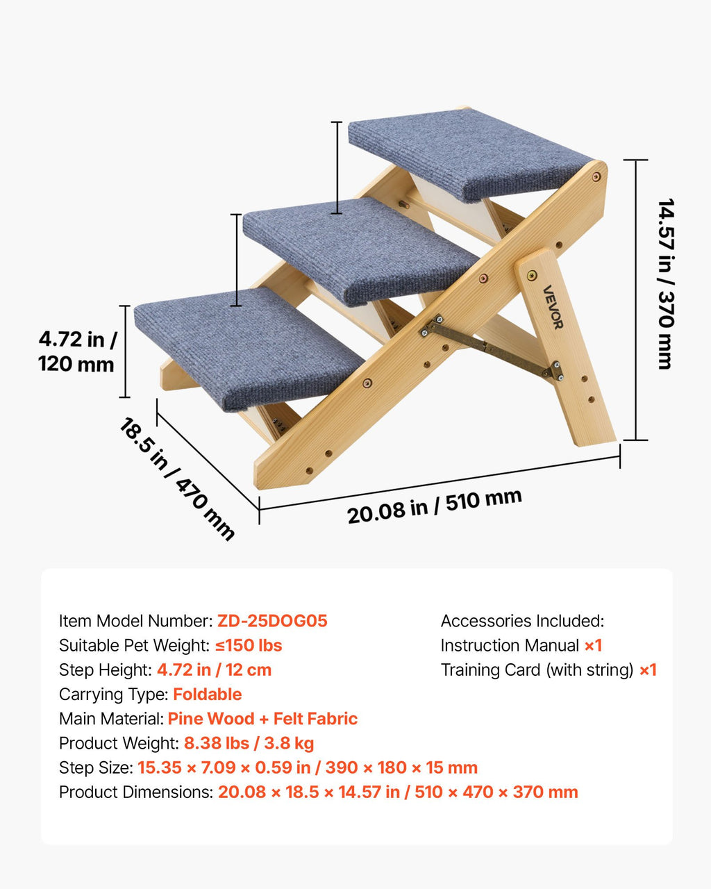 3-step wooden pet stairs with dimensions