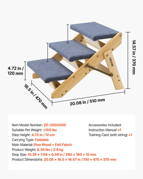3-step wooden pet stairs with dimensions