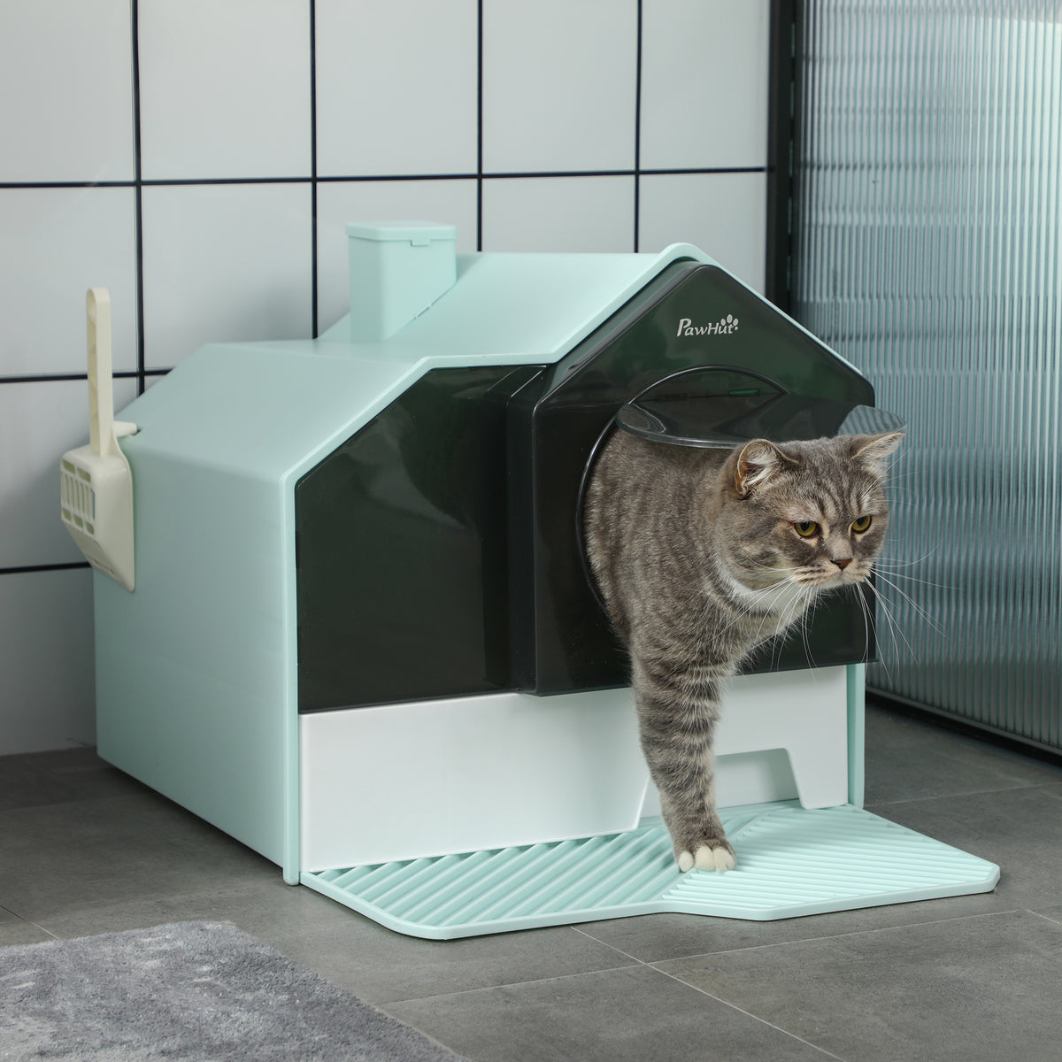 Cat in the hooded litter house