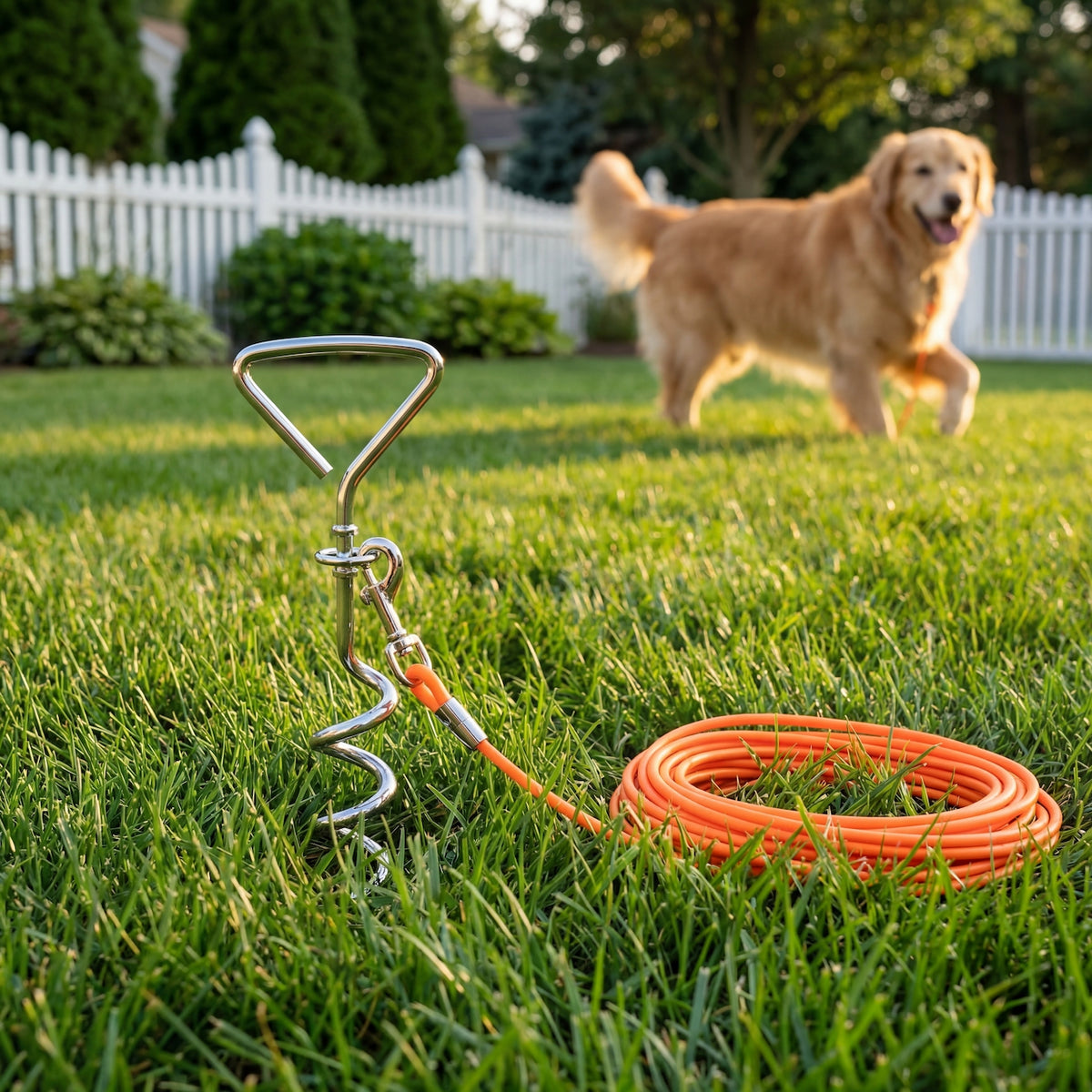 Dog on a tie-out stake in the yard