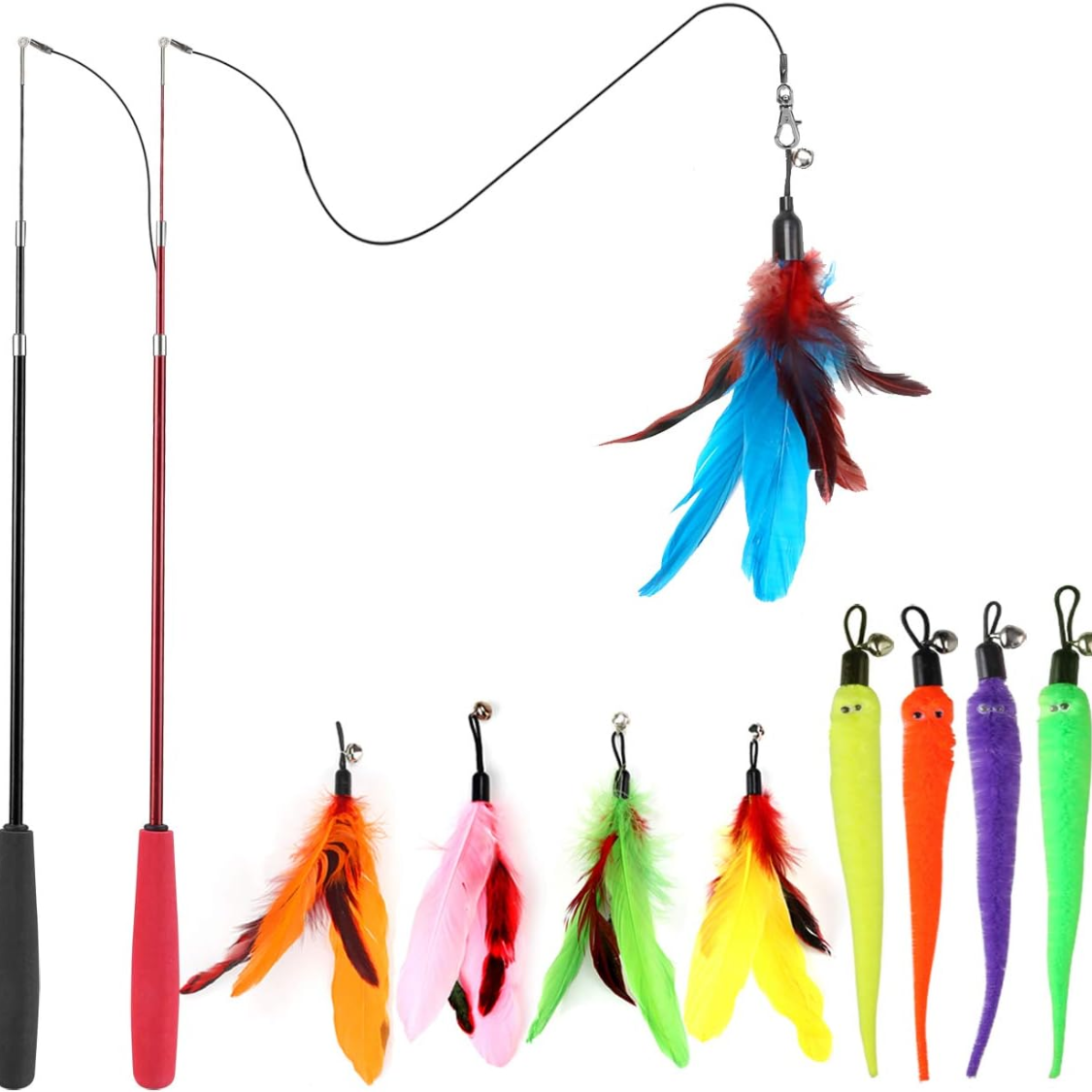 Retractable cat wands with feather toys