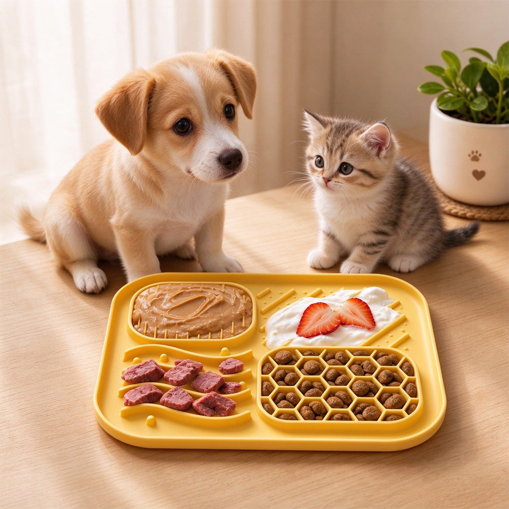 Puppy and kitten with the silicone lick mat