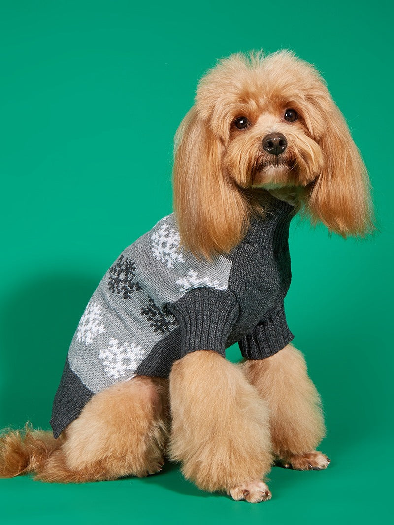 Dog wearing the gray snowflake knit sweater