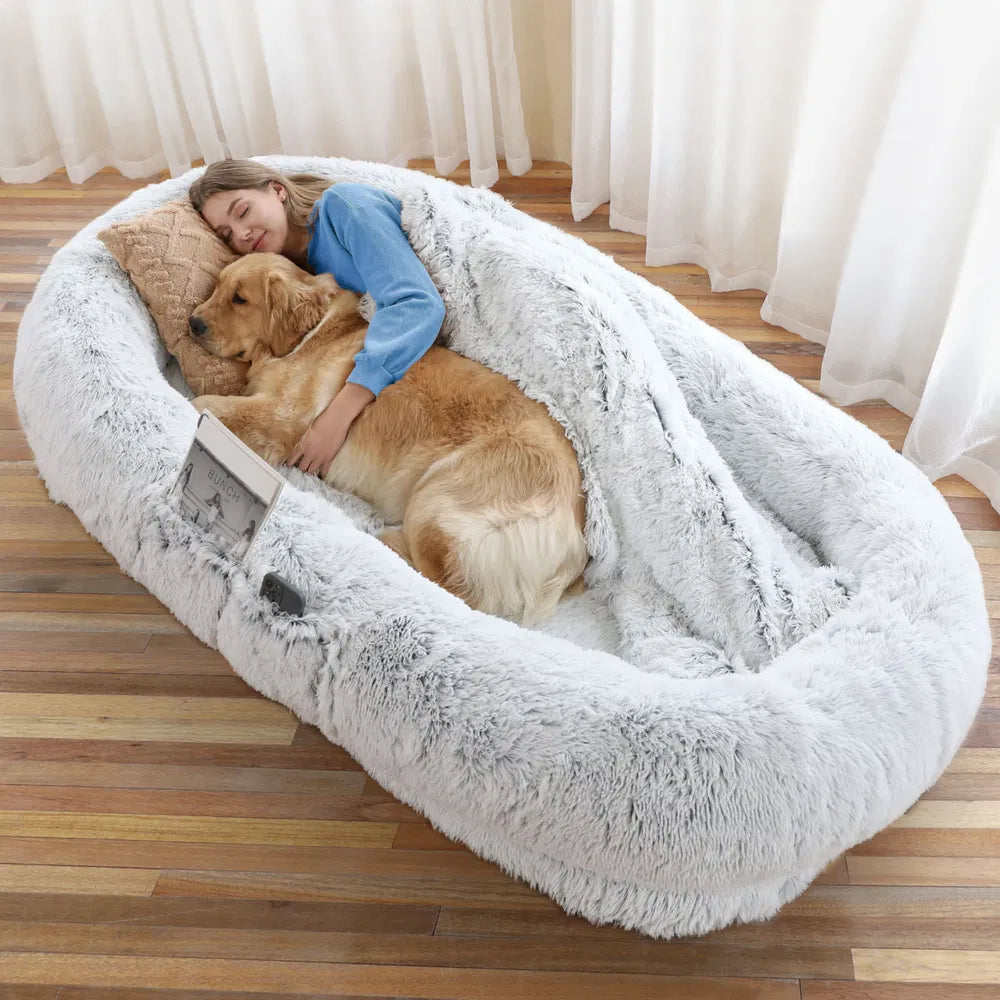 Gray human dog bed