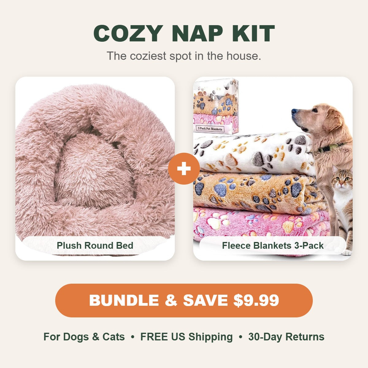 Cozy Nap Kit: plush round bed plus fleece blankets 3-pack, bundle and save