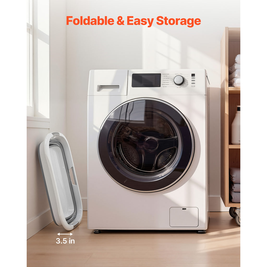 Folded pet bathtub stored beside a washer