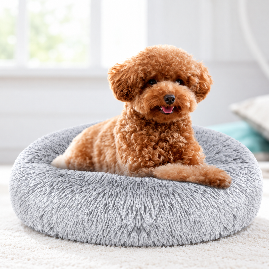 Fluffy calming donut bed with poodle - gray plush
