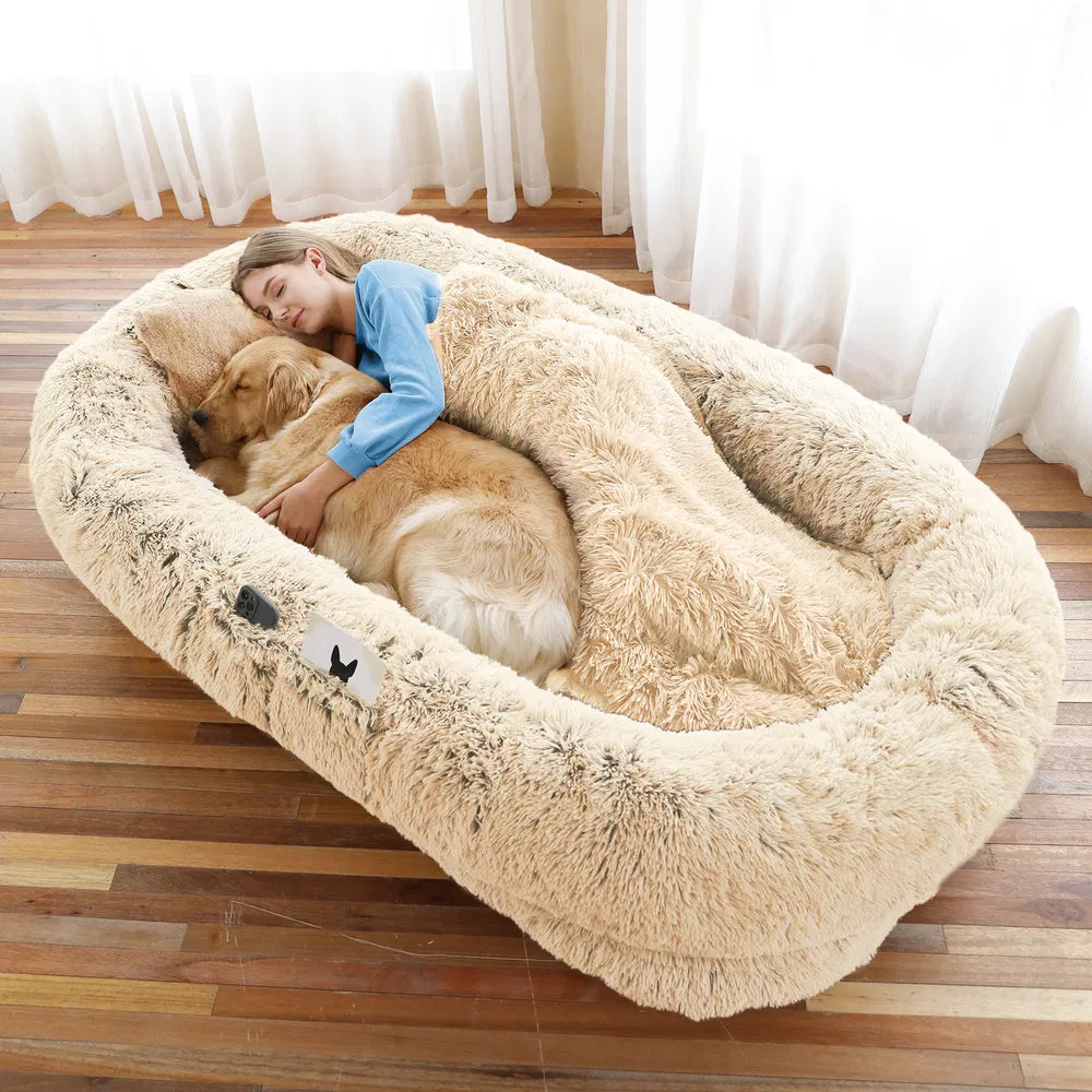 Beige human dog bed