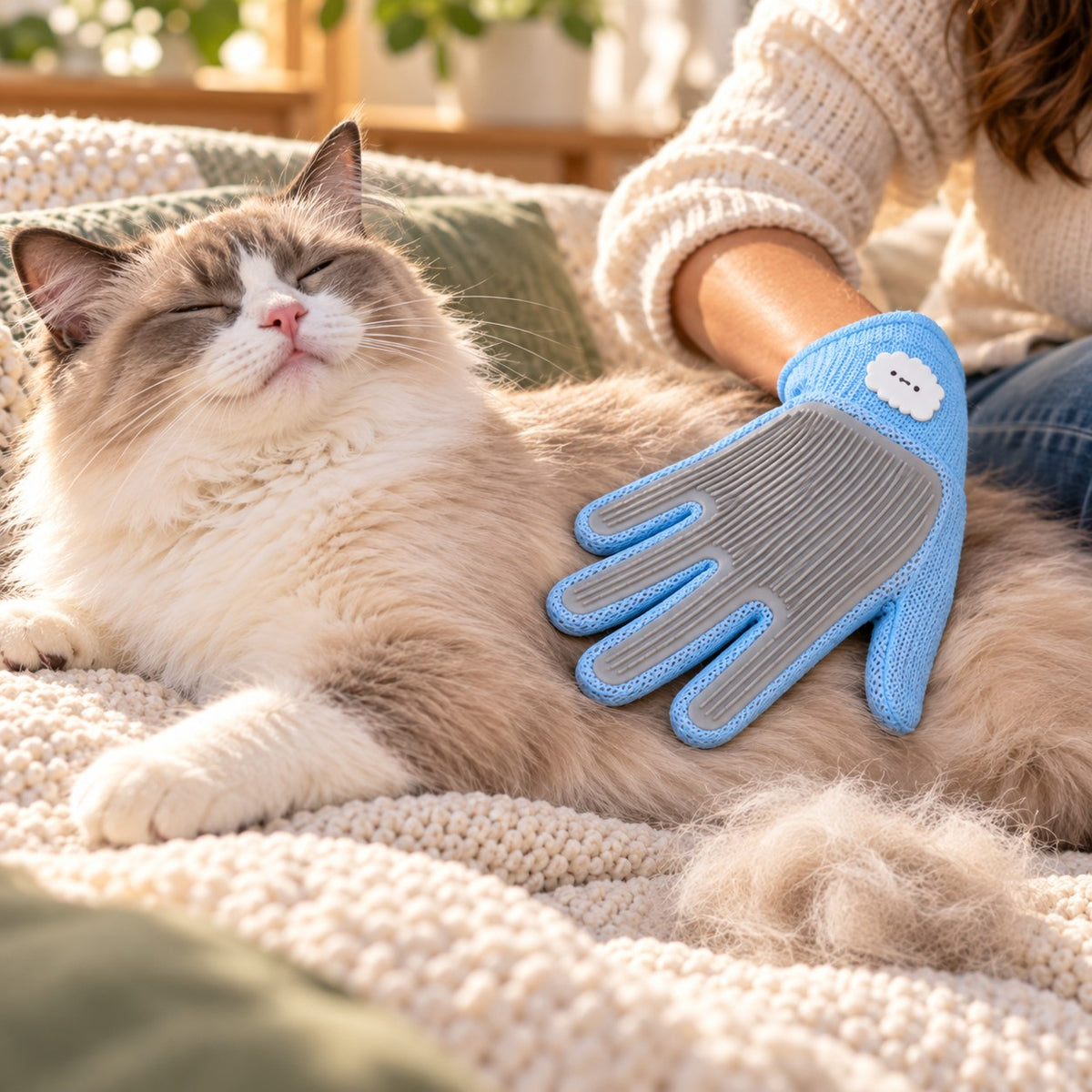 Relaxed cat being groomed with the grooming glove