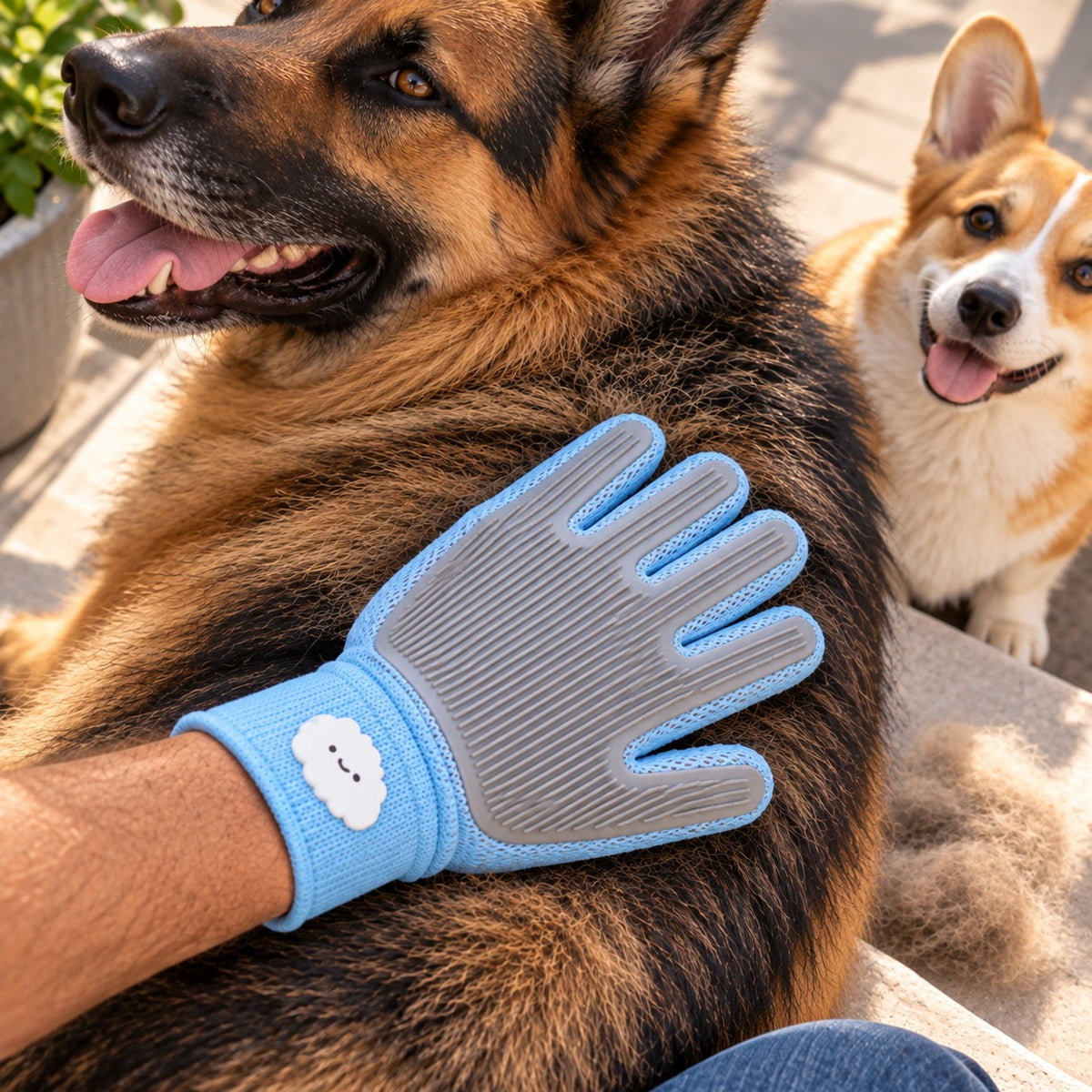 Grooming glove on a German Shepherd with a Corgi waiting its turn