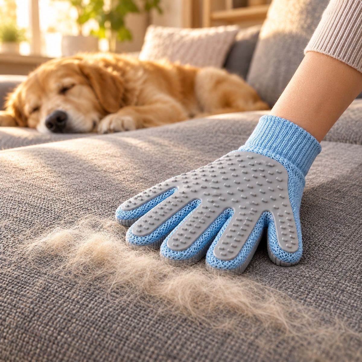 Glove turned around to remove pet hair from a sofa