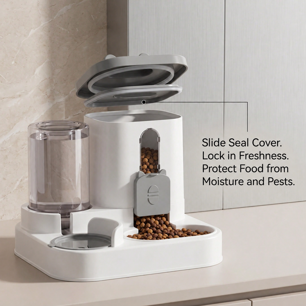 Feeder with slide seal cover keeps food fresh