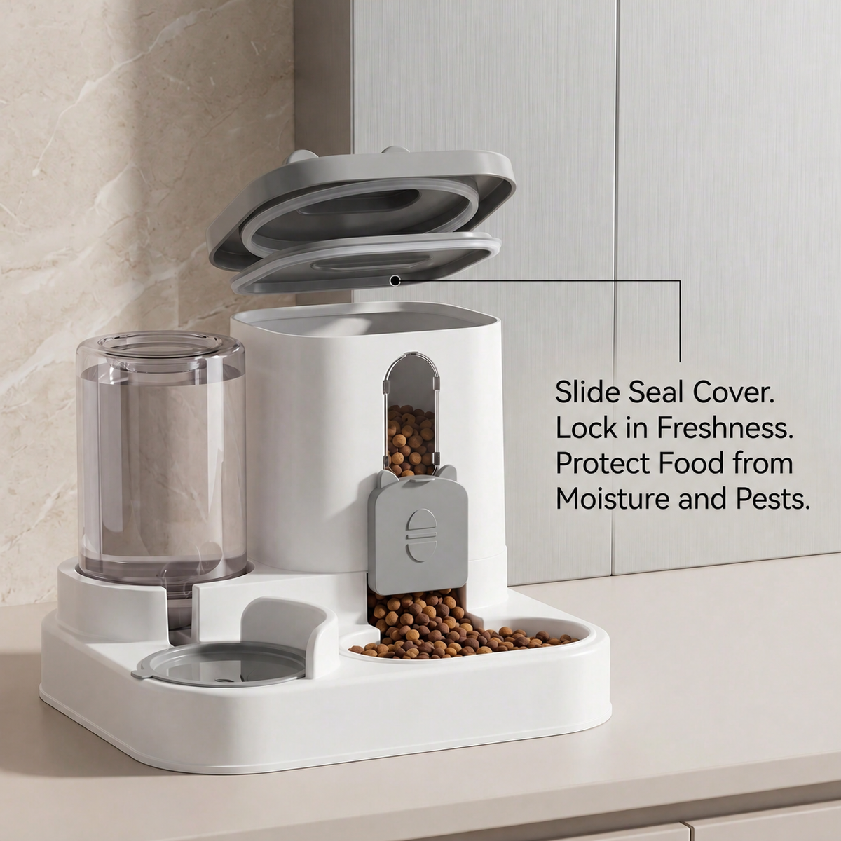 Feeder with slide seal cover keeps food fresh