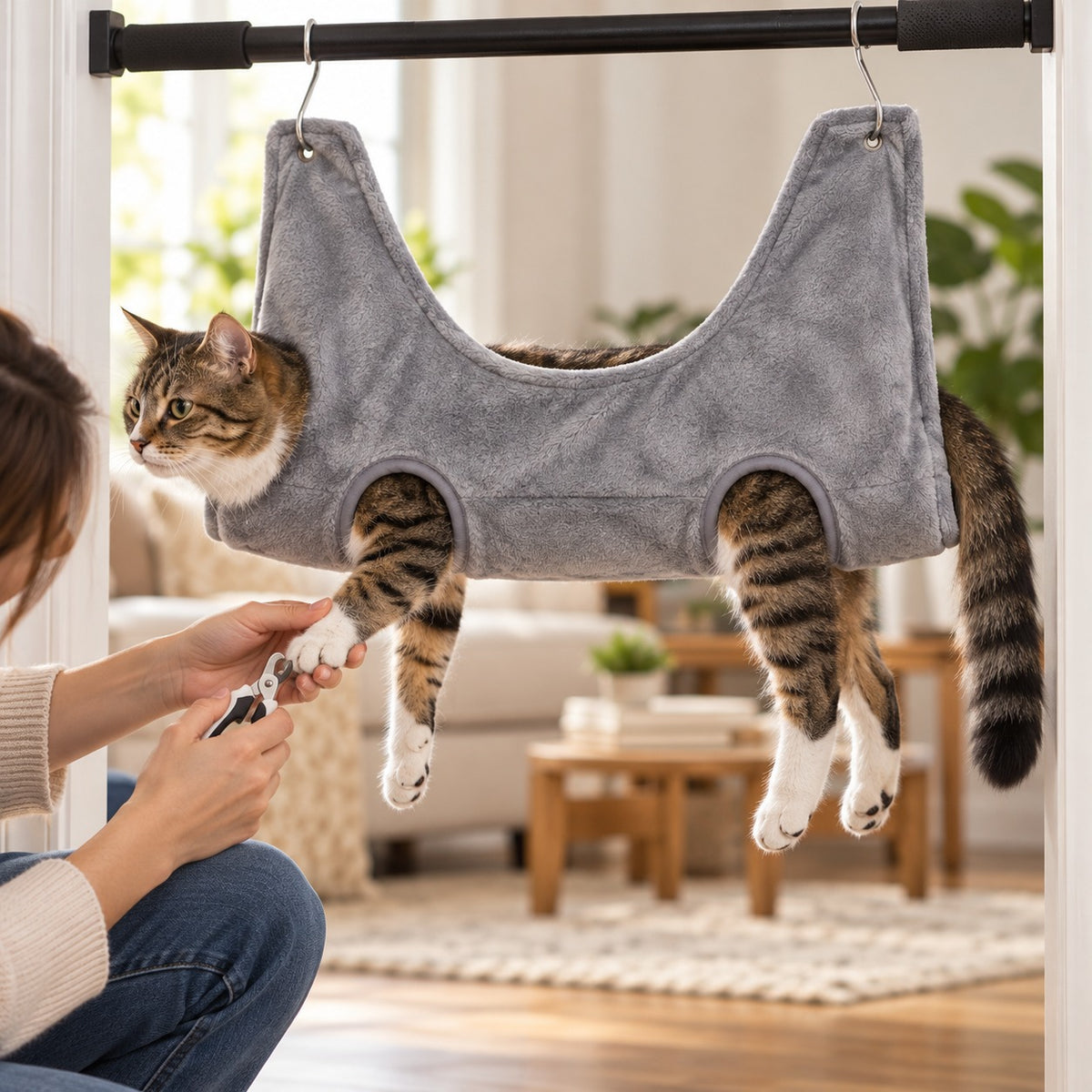 Cat calmly held in grey grooming hammock for nail trimming