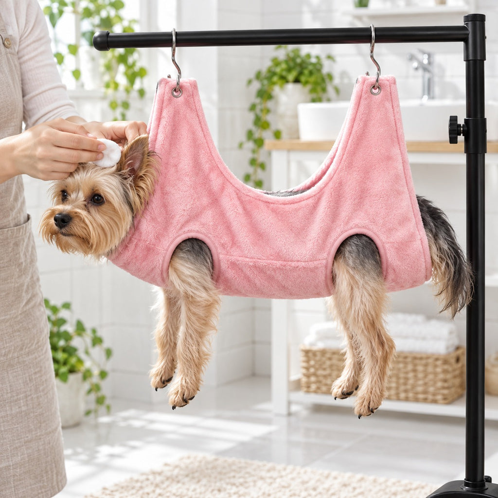 Yorkie relaxed in pink grooming hammock during ear cleaning