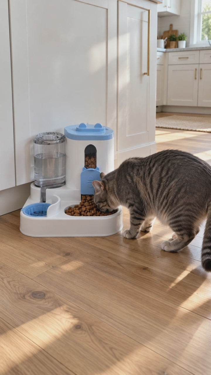 Cat eating from the 2-in-1 gravity pet feeder at home