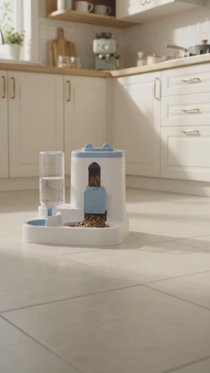 Cat eating and drinking from the gravity feeder and water dispenser