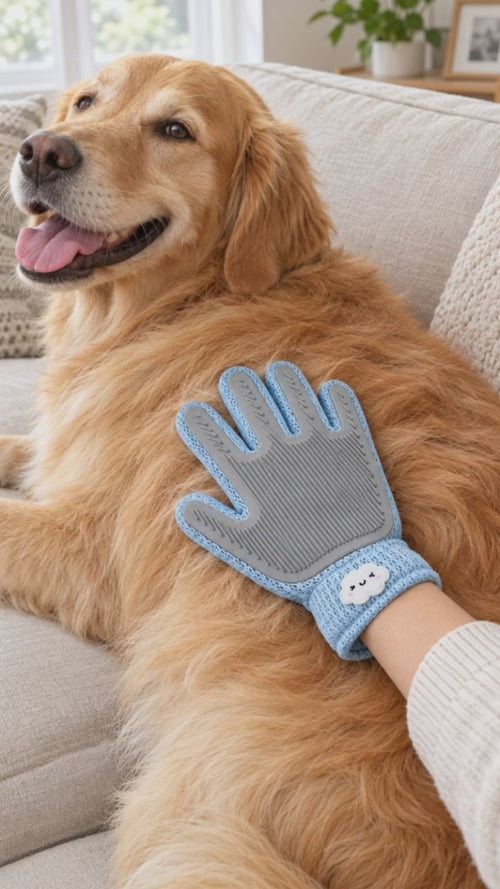Brushing a golden retriever with the 2-in-1 grooming glove, then peeling the collected fur off the palm
