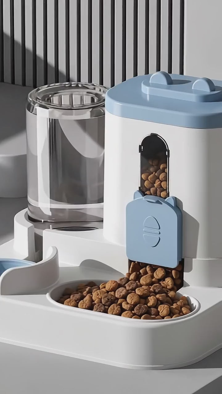 Kibble refilling the bowl by gravity under the blue flap