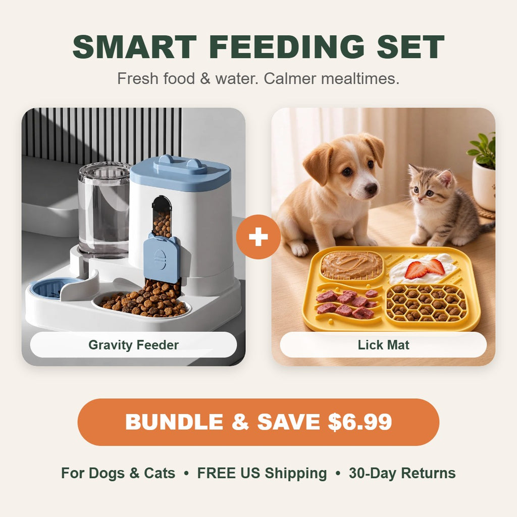 Smart Feeding Set: gravity feeder and water dispenser plus lick mat, bundle and save