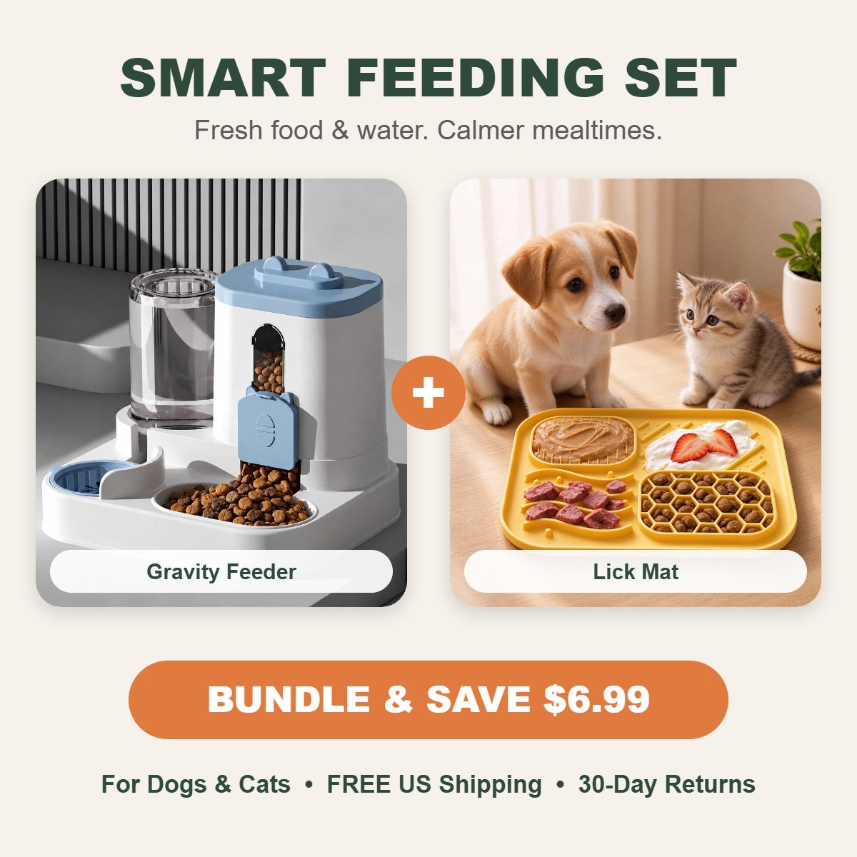 Smart Feeding Set: gravity feeder and water dispenser plus lick mat, bundle and save
