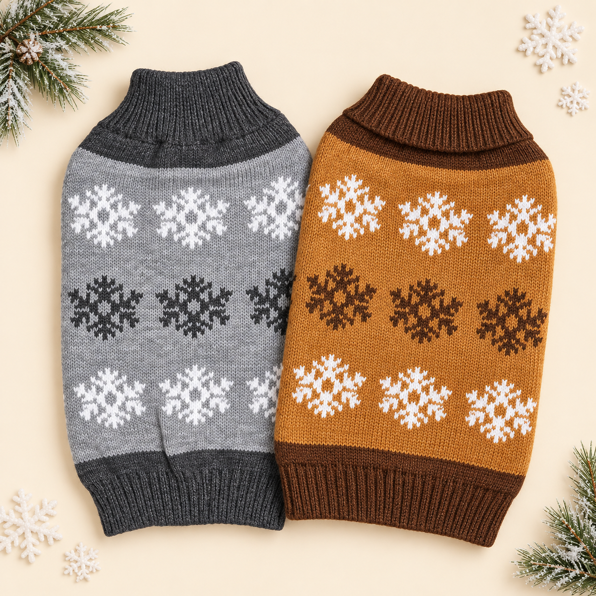 Snowflake knit dog sweater 2-pack - gray and caramel brown
